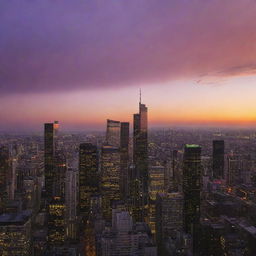 A sprawling cityscape bathed in the warm colors of sunset, with towering skyscrapers silhouetted against a blazing orange and purple sky.