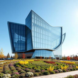 A stunning modern architectural building uniquely designed in the shape of the map of Ukraine