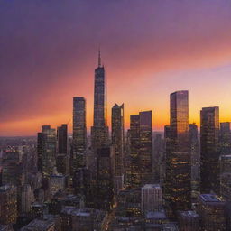 A sprawling cityscape bathed in the warm colors of sunset, with towering skyscrapers silhouetted against a blazing orange and purple sky.