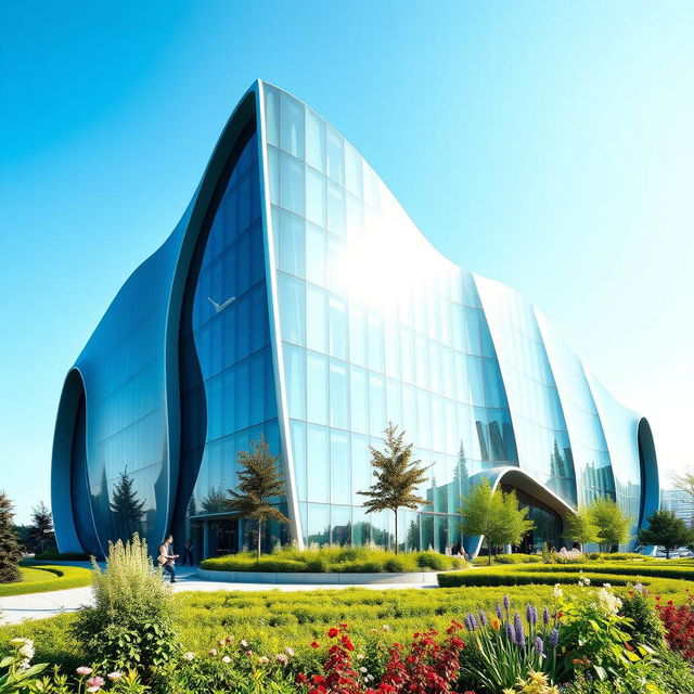 A striking modern architectural building designed in the unique shape of the map of Ukraine