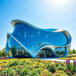 A striking modern architectural building designed in the unique shape of the map of Ukraine