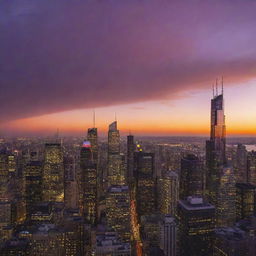 A sprawling cityscape bathed in the warm colors of sunset, with towering skyscrapers silhouetted against a blazing orange and purple sky.