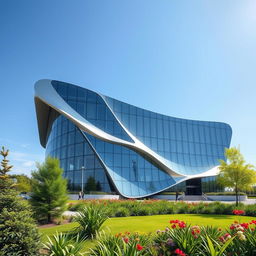 A striking modern architectural building designed in the unique shape of the map of Ukraine