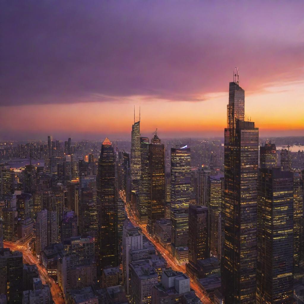 A sprawling cityscape bathed in the warm colors of sunset, with towering skyscrapers silhouetted against a blazing orange and purple sky.