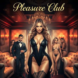 An enticing cover for an erotic romance novel titled 'Pleasure Club', featuring a stunning woman in a sexy costume prominently displayed in the foreground