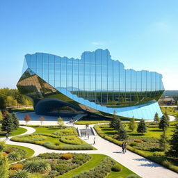 An extraordinary modern building designed in the shape of the map of Ukraine, featuring a sleek and angular structure that embodies contemporary architectural principles