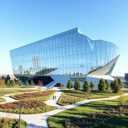 An extraordinary modern building designed in the shape of the map of Ukraine, featuring a sleek and angular structure that embodies contemporary architectural principles