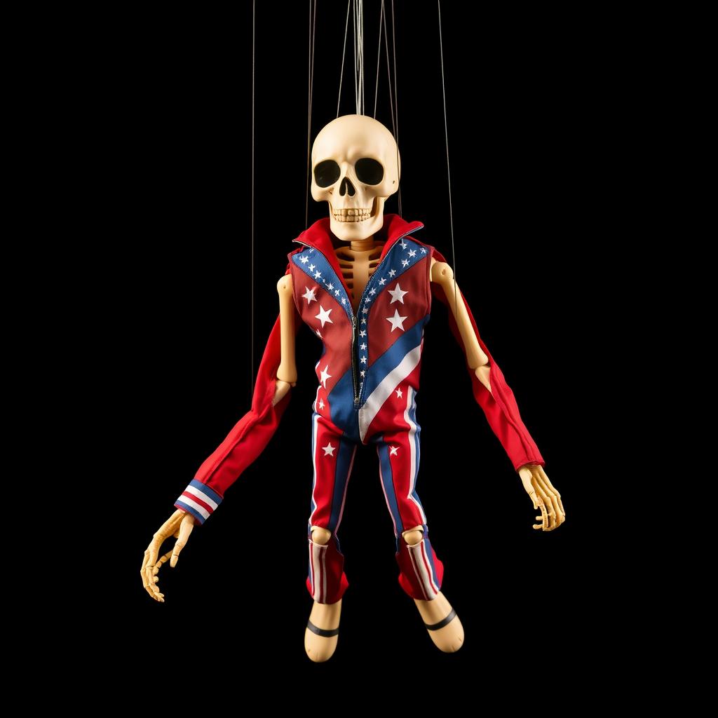 A marionette puppet with a skeletal face, dressed in a vibrant Evel Knievel jumpsuit featuring red, white, and blue colors with stars and stripes