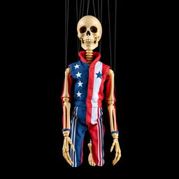 A marionette puppet with a skeletal face, dressed in a vibrant Evel Knievel jumpsuit featuring red, white, and blue colors with stars and stripes