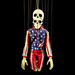 A marionette puppet with a skeletal face, dressed in a vibrant Evel Knievel jumpsuit featuring red, white, and blue colors with stars and stripes