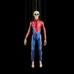 A marionette puppet with a skeletal face, dressed in a vibrant Evel Knievel jumpsuit featuring red, white, and blue colors with stars and stripes