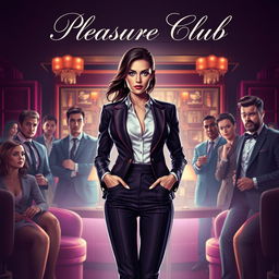 An alluring cover for an erotic romance novel titled 'Pleasure Club', featuring a confident female manager in a chic and form-fitting suit standing in the foreground