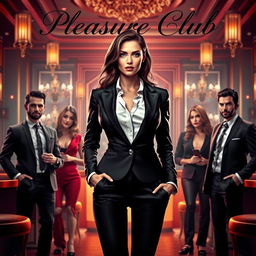 An alluring cover for an erotic romance novel titled 'Pleasure Club', featuring a confident female manager in a chic and form-fitting suit standing in the foreground