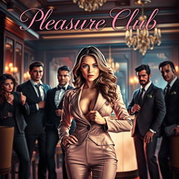 An alluring cover for an erotic romance novel titled 'Pleasure Club', featuring a confident female manager in a chic and form-fitting suit standing in the foreground