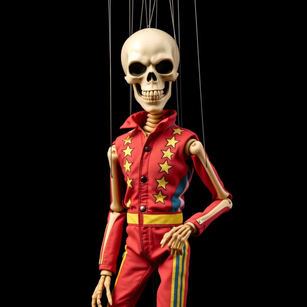 A marionette puppet with a skeletal, ghoulish face, dressed in an Evel Knievel jumpsuit, standing against a stark black background