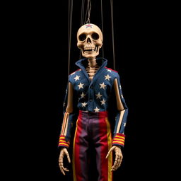 A marionette puppet with a skeletal, ghoulish face, dressed in an Evel Knievel jumpsuit, standing against a stark black background