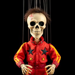 A marionette puppet with a skeletal, ghoulish face, dressed in an Evel Knievel jumpsuit, standing against a stark black background