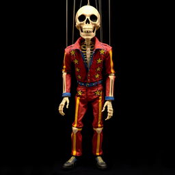 A marionette puppet with a skeletal, ghoulish face, dressed in an Evel Knievel jumpsuit, standing against a stark black background