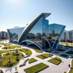 An impressive modern building designed in the shape of the map of Ukraine, featuring a sleek architectural style with sharp angles and smooth curves that outline the country's geographical form