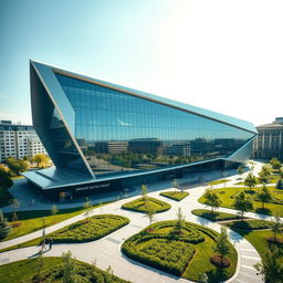 An impressive modern building designed in the shape of the map of Ukraine, featuring a sleek architectural style with sharp angles and smooth curves that outline the country's geographical form