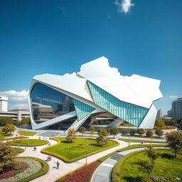 An impressive modern building designed in the shape of the map of Ukraine, featuring a sleek architectural style with sharp angles and smooth curves that outline the country's geographical form