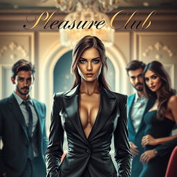 An alluring cover for an erotic romance novel titled 'Pleasure Club', featuring a confident female manager in a sleek and stylish suit prominently in the foreground