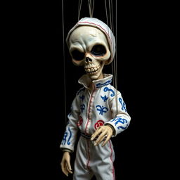 A spooky marionette puppet with a ghoulish face, wearing Evel Knievel's iconic white jumpsuit adorned with blue and red designs