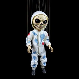 A spooky marionette puppet with a ghoulish face, wearing Evel Knievel's iconic white jumpsuit adorned with blue and red designs