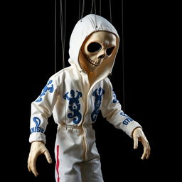 A spooky marionette puppet with a ghoulish face, wearing Evel Knievel's iconic white jumpsuit adorned with blue and red designs