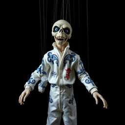 A spooky marionette puppet with a ghoulish face, wearing Evel Knievel's iconic white jumpsuit adorned with blue and red designs