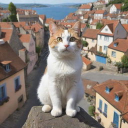 A cartoon image of a cat situated high, looking down on a beautiful, picturesque town brimming with charm and character.