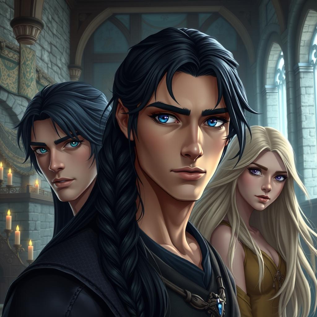 A fantasy scene inside a castle featuring a man with long dark hair styled in a braid, showcasing striking blue eyes