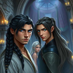 A fantasy scene inside a castle featuring a man with long dark hair styled in a braid, showcasing striking blue eyes