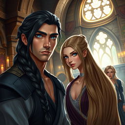 A fantasy scene inside a castle featuring a man with long dark hair styled in a braid, showcasing striking blue eyes