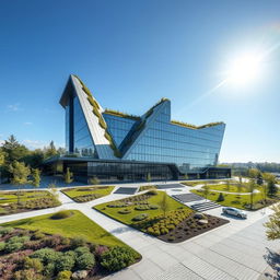 A stunning modern building creatively designed in the shape of the map of Ukraine, featuring a bold, asymmetric silhouette that echoes the country's geographic contours