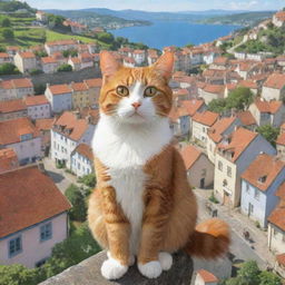 A cartoon image of a cat situated high, looking down on a beautiful, picturesque town brimming with charm and character.