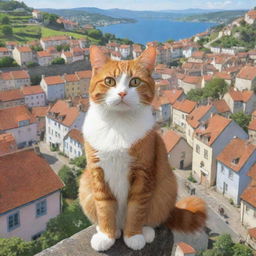 A cartoon image of a cat situated high, looking down on a beautiful, picturesque town brimming with charm and character.