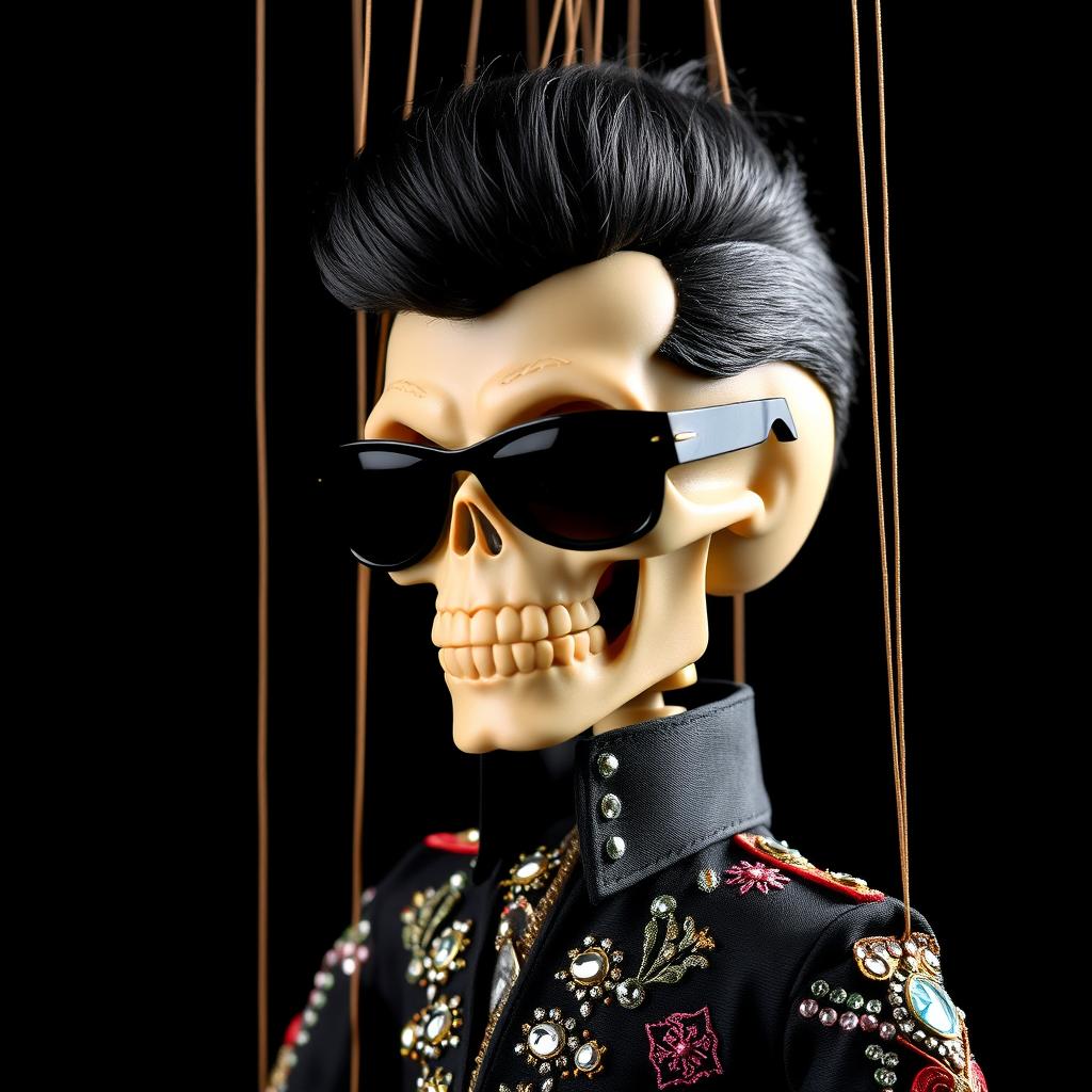 A marionette puppet with a skeletal face wearing sleek sunglasses