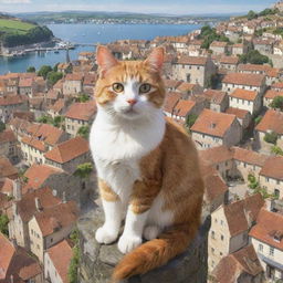 A cartoon image of a cat situated high, looking down on a beautiful, picturesque town brimming with charm and character.