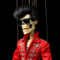 A marionette puppet with a skeletal face wearing sleek sunglasses