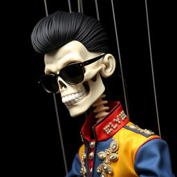 A marionette puppet with a skeletal face wearing sleek sunglasses