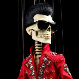 A marionette puppet with a skeletal face wearing sleek sunglasses