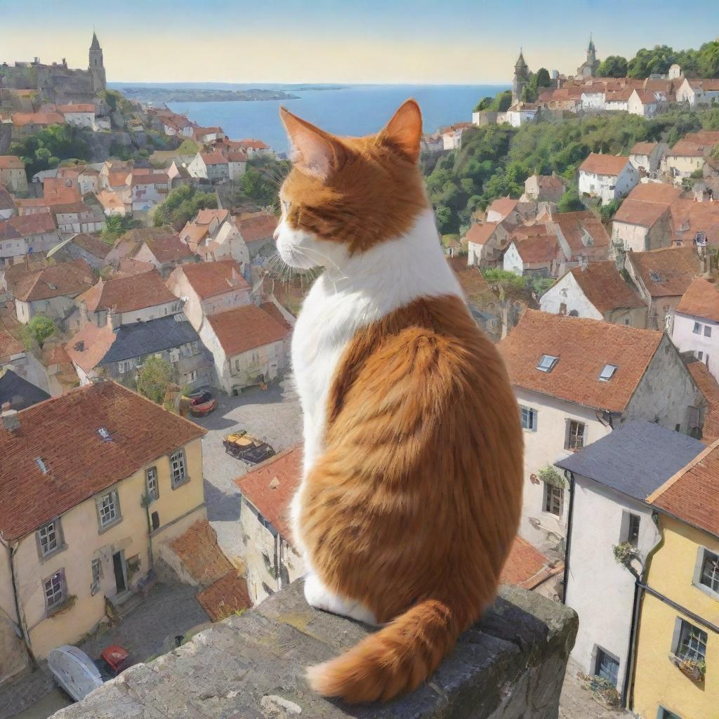 A cartoon image of a cat situated high, looking down on a beautiful, picturesque town brimming with charm and character.