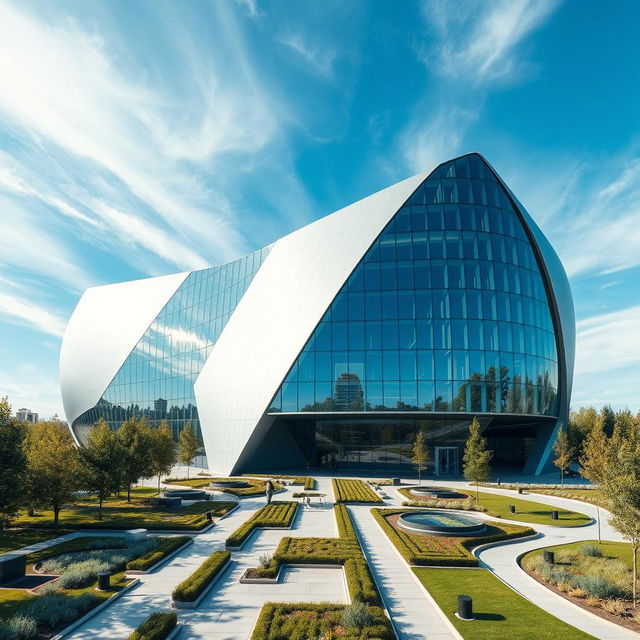 A striking modern building crafted in the shape of the map of Ukraine, showcasing a bold and innovative architectural design characterized by sharp angles and fluid lines that mimic the geographic form of the country