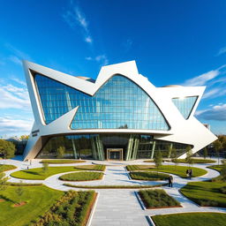 A striking modern building crafted in the shape of the map of Ukraine, showcasing a bold and innovative architectural design characterized by sharp angles and fluid lines that mimic the geographic form of the country