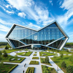 A striking modern building crafted in the shape of the map of Ukraine, showcasing a bold and innovative architectural design characterized by sharp angles and fluid lines that mimic the geographic form of the country