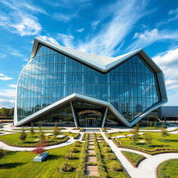 A striking modern building crafted in the shape of the map of Ukraine, showcasing a bold and innovative architectural design characterized by sharp angles and fluid lines that mimic the geographic form of the country