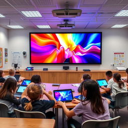 A modern classroom featuring a large digital smart board displaying vibrant colors and interactive educational content