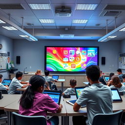 A modern classroom featuring a large digital smart board displaying vibrant colors and interactive educational content