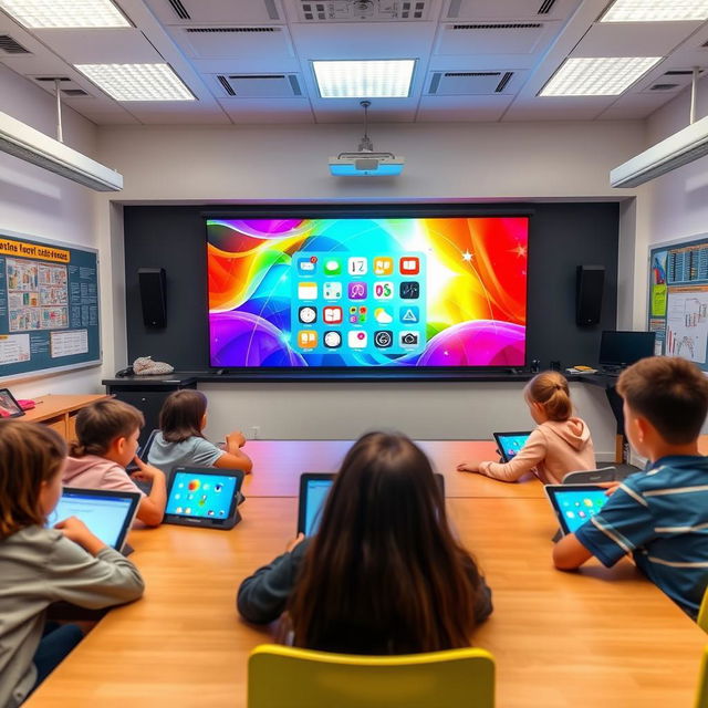 A modern classroom featuring a large digital smart board displaying vibrant colors and interactive educational content